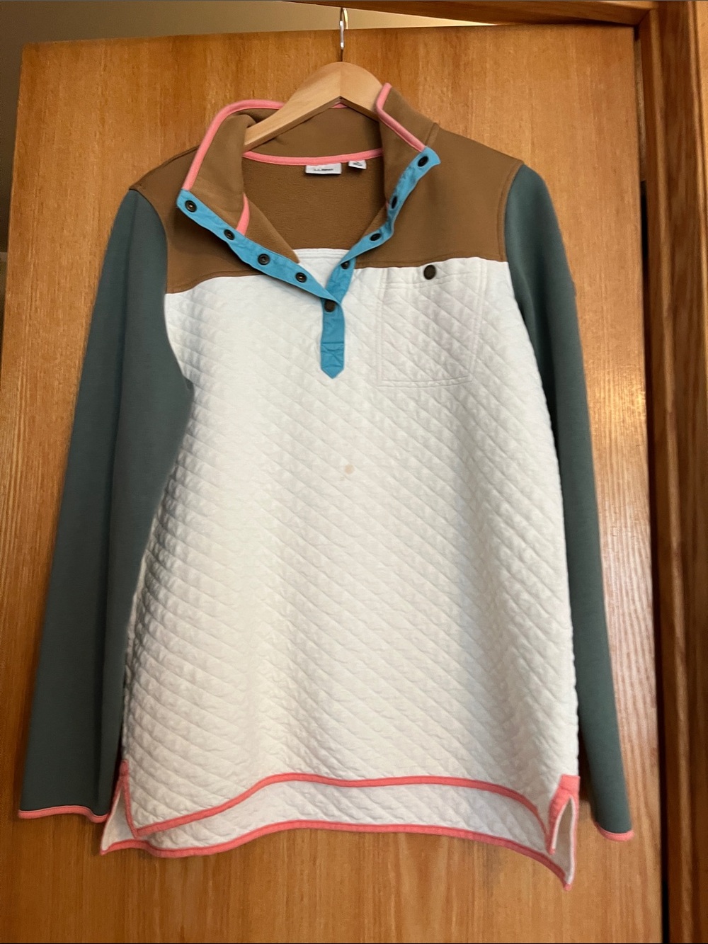 L.L. Bean Quilted Pullover in White, Olive, Tan & Coral Trim